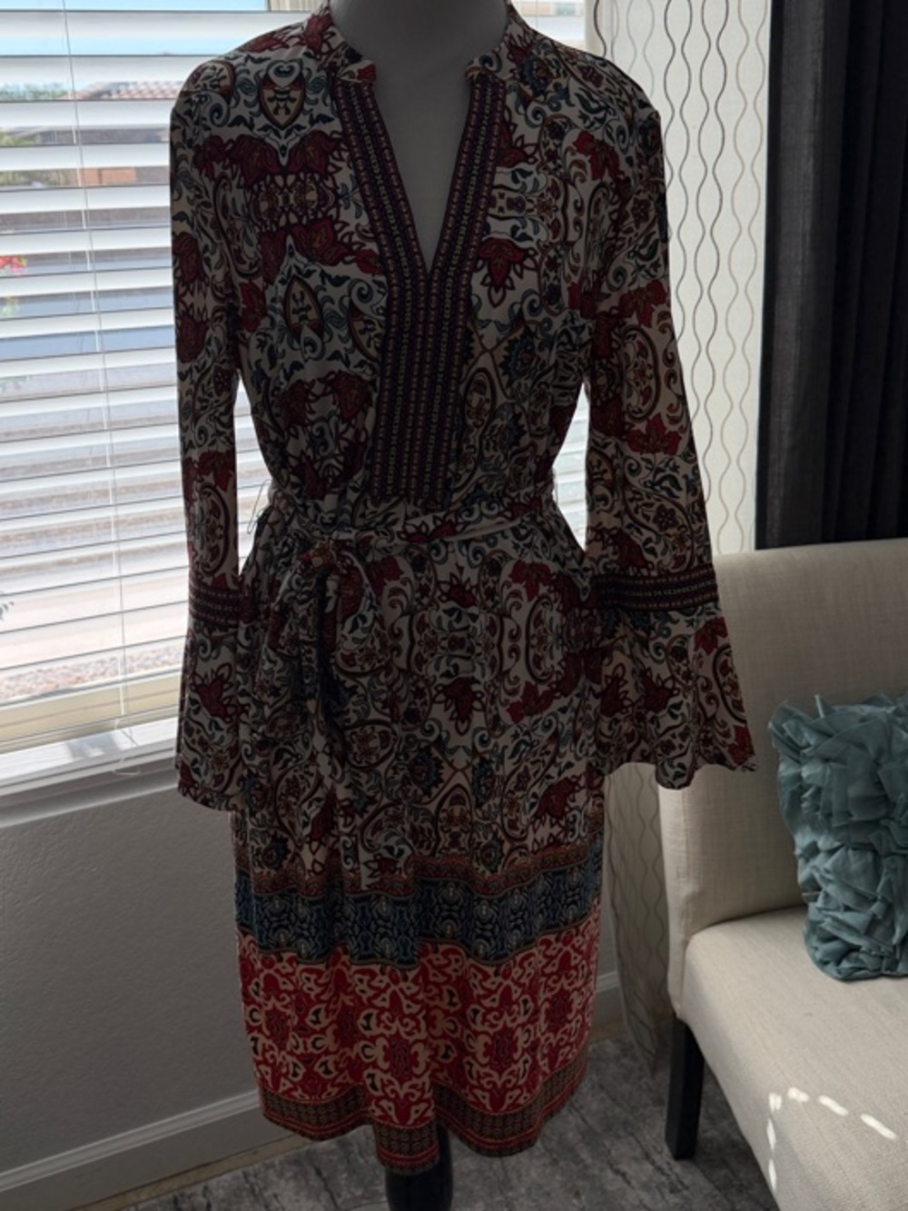Tacera Cream Tunic Dress with Red and Teal Paisley Print - Picture 2 of 4